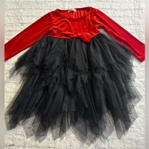 ORCHID LANE GIRLS RED VELOUR WITH BLACK TULLE LONG SLEEVES DRESS SIZE 6 HOLIDAY